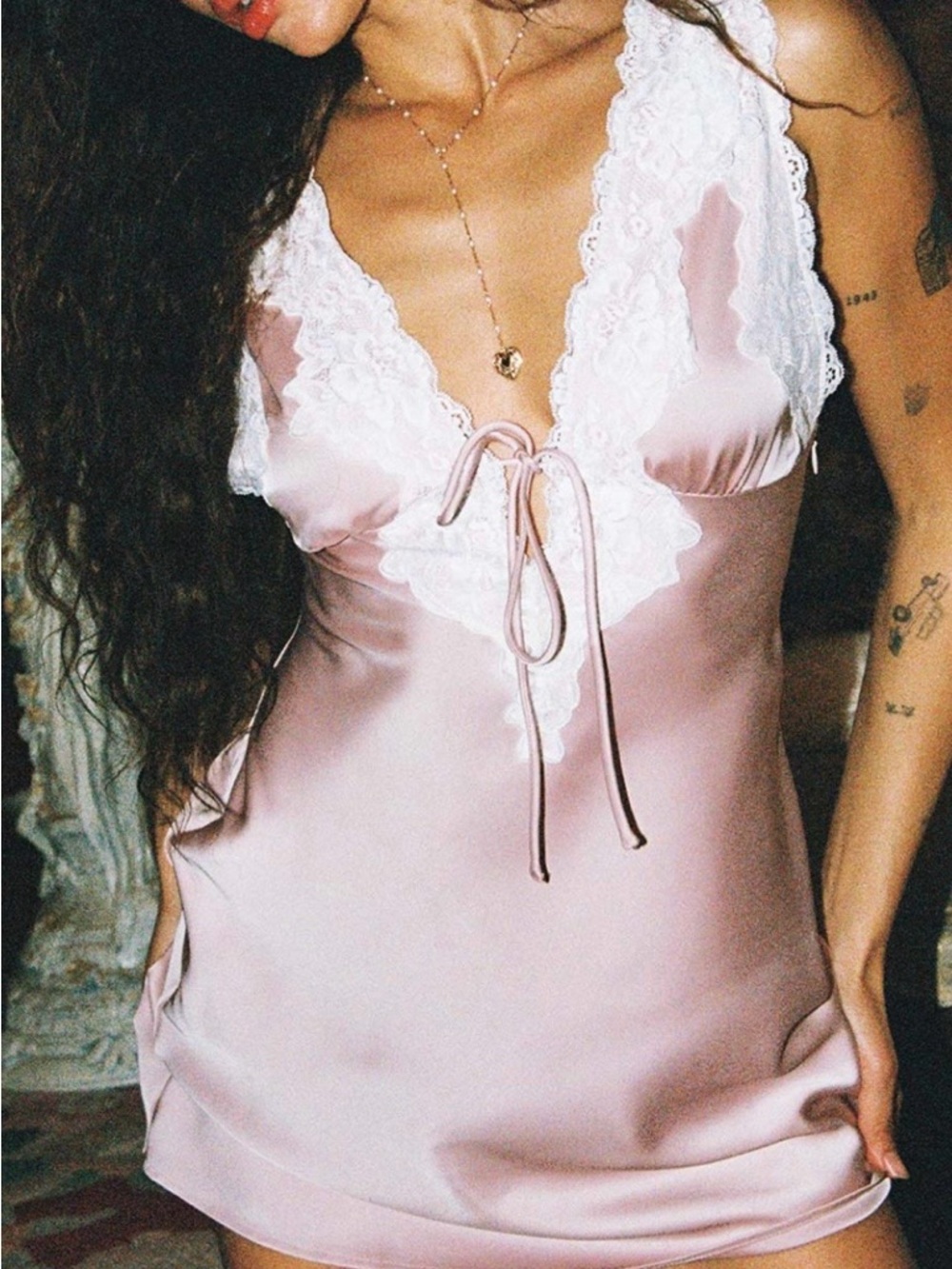 Princess Polly Satin Lace-Trim Dress in Blush Pink